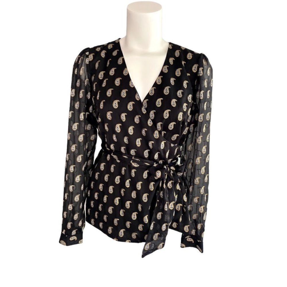 INC‎ Surplice Blouse Top S Black Gold Paisley Tie